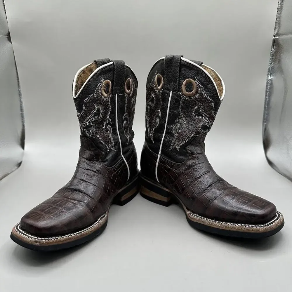 Reparo Western Cowboy Boots Kids Size 1.5 Brown Leather Square Toe Croc Print